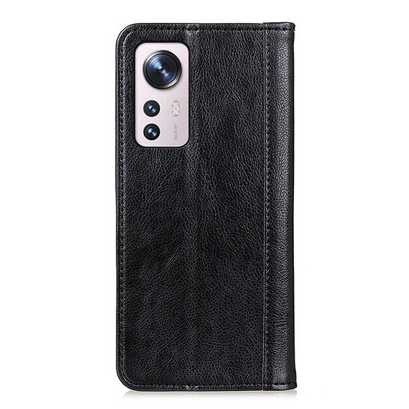 For Xiaomi 12 5G/12X 5G/12S 5G Litchi Texture Split Leather Attached Shockproof TPU Case Folio Magnetic Absorption Stand Flip Wallet Phone Case - Black