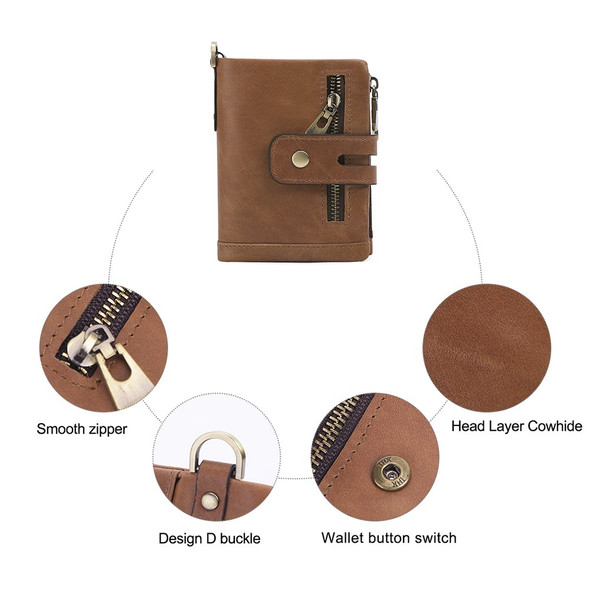 2109 Vintage Cowhide Leather Men Short Wallet RFID Blocking Multiple Card Slots Zipper Coin Purse - Brown