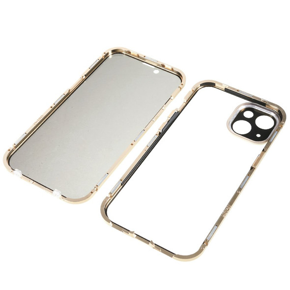 For iPhone 13 6.1 inch Straight Edge Anti-peep Magnetic Case Double-Sided Tempered Glass Back Frosted Magnetic Adsorption Metal Frame Phone Cover with Safety Lock - Gold