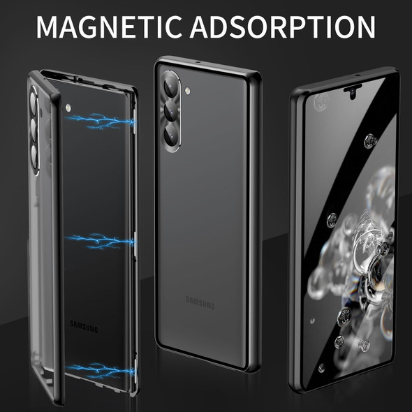 Anti-fall Clear Phone Case For Samsung Galaxy S23, Single-Sided Tempered Glass+PC Panel Magnetic Adsorption Metal Frame Protective Phone Cover with Safety Buckle - Black