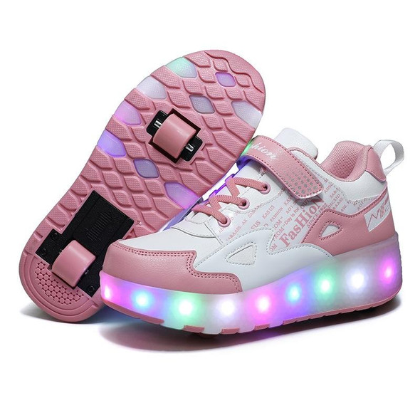 E68 Two-Wheeled Children Skating Shoes Rechargeable Light Wheel Shoes, Size: 34(Pink)