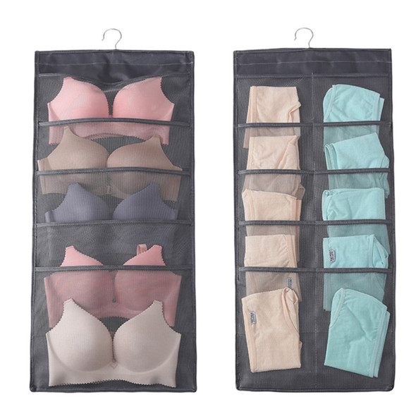 Dual-sided Hanging Closet Organizer for Underwear Sock Toiletries Bra 15 Mesh Pockets - Grey