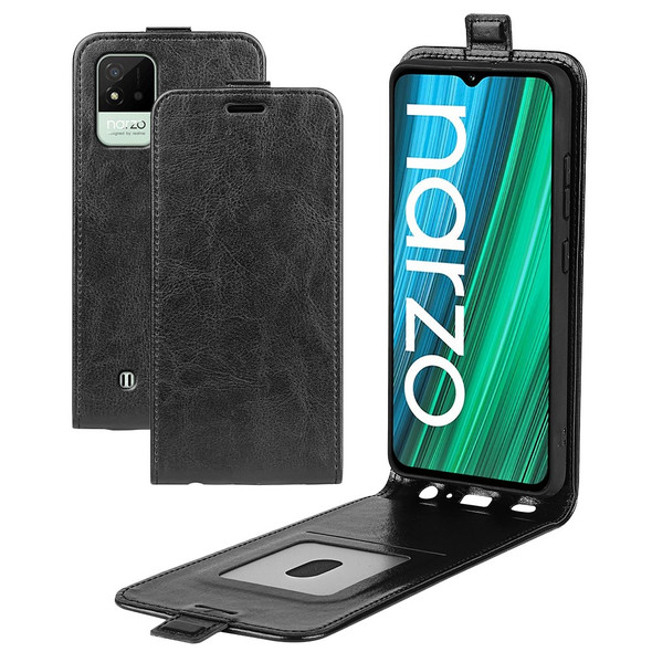 Vertical Flip Crazy Horse Texture PU Leather Phone Case with Card Slot Holder for Realme Narzo 50i - Black