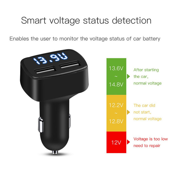 4 in 1 Car Charger Dual USB Port with Digital Display Voltage / Temperature / Current Meter Tester Adapter - Black / Blue LED