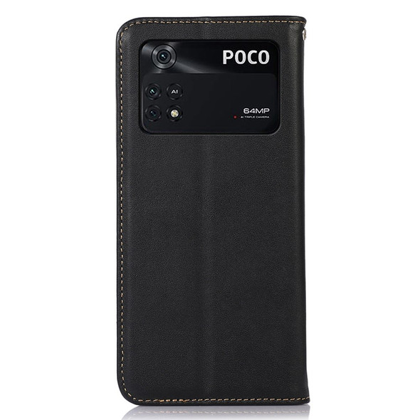 KHAZNEH Wallet Phone Case for Xiaomi Poco M4 Pro 4G Genuine Cowhide Textured Leather Folio Flip Cover Magnetic Absorption TPU Shell Shockproof Stand Case - Black