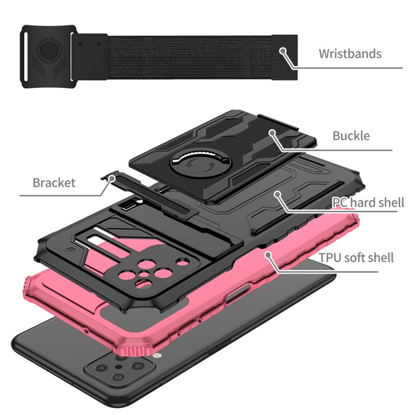 Hard PC + Soft TPU Dual Layer Anti-fall Protective Cover Adjustable Wristband Design Hybrid Phone Case with Kickstand for Samsung Galaxy A12 - Pink