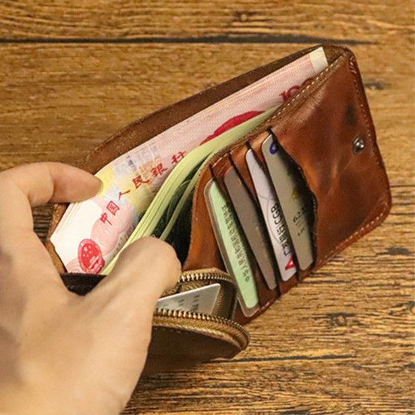 SG775 Retro Wrinkled Cowhide Leather Wallet Zipper Pocket Multiple Card Slots Coin Purse Billfold - Brown