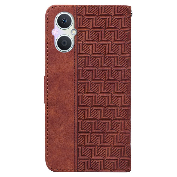 For Oppo A96 (China)/Reno7 Z 5G/Reno7 Lite/Reno8 Lite 5G/F21 Pro 5G/OnePlus Nord N20 5G Geometric Pattern Imprinted Mobile Phone Case Folding Stand PU Leather Wallet Flip Protective Cover with Strap - Brown