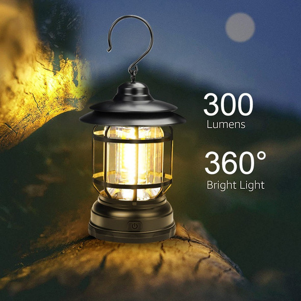 LED Camping Lantern Battery Powered Retro Campsite Lantern COB Tent Light Survival Kits for Emergency Storm Outages Outdoor Hiking - Black
