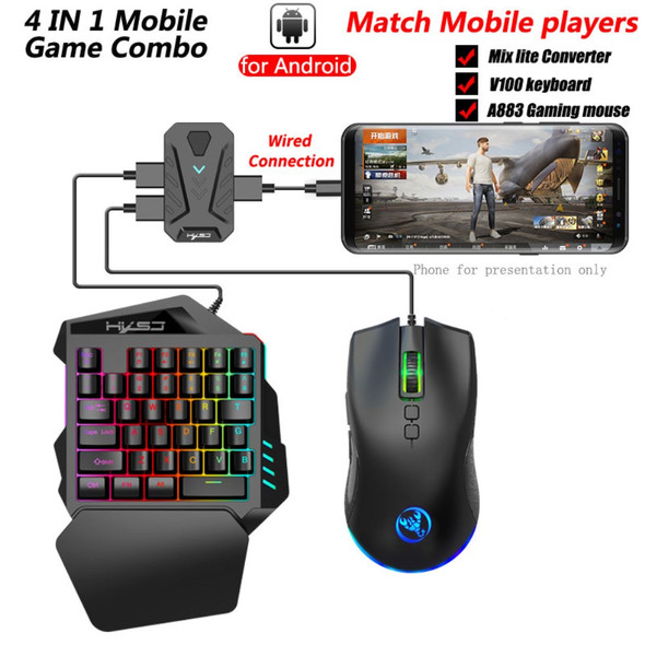 HXSJ A883 Wired RGB Gaming Mouse + V100 35 Keys Single-hand Gaming Keyboard + P8 Portable Keyboard Mouse Converter for Android