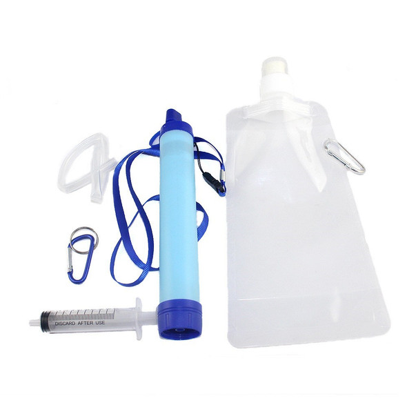 Outdoor Camping Hiking Water Filter Straw Set Dual Filter Water Purifier Portable Filtration Survival Gear with Water Bag Backwasher Extension Tube