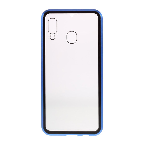 Magnetic Metal Frame + Double-sided Tempered Glass Anti-peep Phone Shell for Samsung Galaxy A20 - Blue