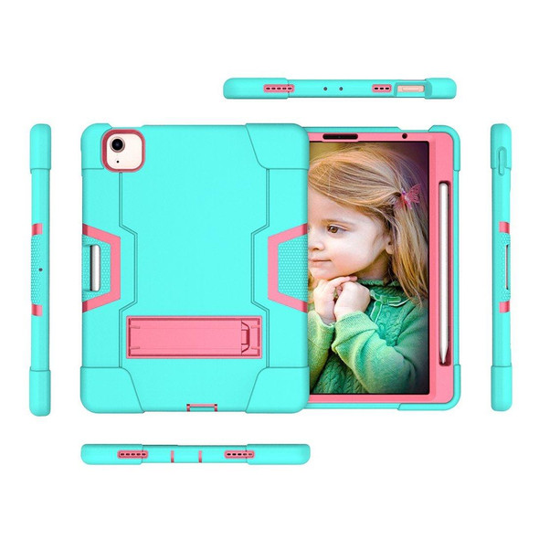 iPad Air 2022 / 2020 10.9 Contrast Color Robot Shockproof Silicon + PC Protective Case with Holder & Pen Slot(Mint Green + Rose Red)