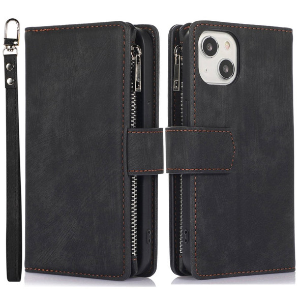 For iPhone 13 6.1 inch Zipper Pocket Phone Stand Wallet Case Skin-touch PU Leather Drop-proof Card Holder Shell with Wrist and Shoulder Strap - Black