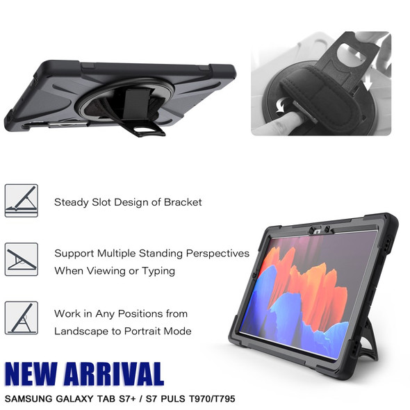 For Samsung Galaxy Tab S7 T870 T875 / S8 360 Swivel Kickstand  PC + Silicone Tablet Combo Shell [Built-in Hand Holder Strap] - Black