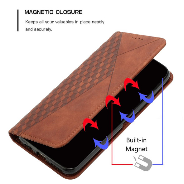 Phone Flip Case for Samsung Galaxy A04e 4G / F04 4G / M04 4G , Imprinted Rhombus Pattern PU Leather Wallet Stand Magnetic Skin-touch Feeling Cover - Brown