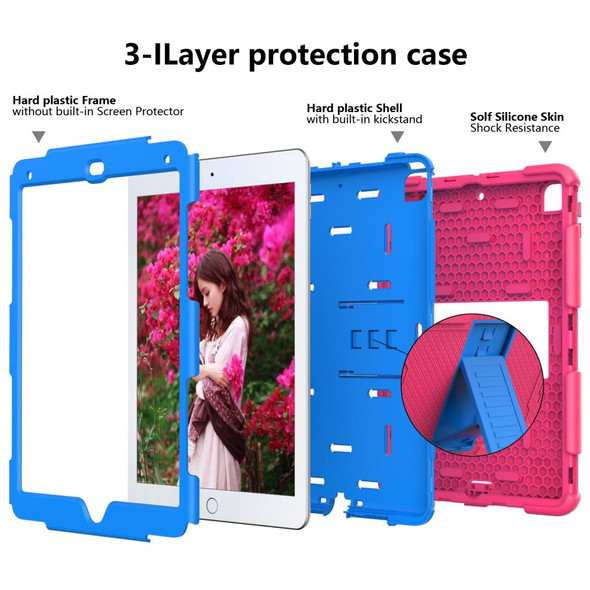 Shockproof Two-color Silicone Protection Shell for iPad 9.7(2018) & 9.7(2017) & Air 2, with Holder(Rose Red+Blue)