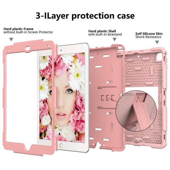 Shockproof Two-color Silicone Protection Shell for iPad 9.7(2018) & 9.7(2017) & Air 2, with Holder(Rose Gold)