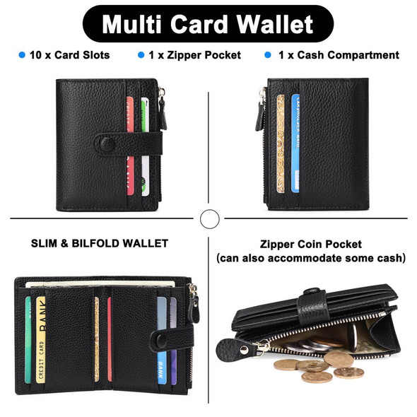 1384 Genuine Cowhide Leather Multiple Card Slots Wallet Zipper Coin Purse Multifunctional Billfold - Black