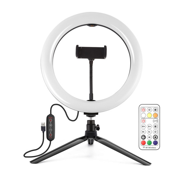 PULUZ 10-inch 26cm Marquee LED RGBWW Light + Desktop Tripod Mount 168 LED Dual-color Temperature Dimmable Ring Lights with Tripod & Remote Control & Phone Clamp