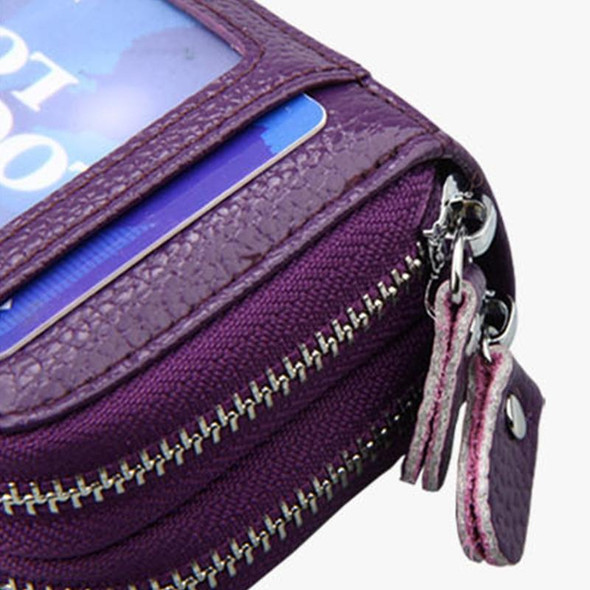 Genuine Cowhide Leather Dual Layer Solid Color Zipper Card Holder Wallet RFID Blocking Coin Purse Card Bag Protect Case with Card Slots & Coin Position, Size: 10.5*7.0*4.0cm(Purple)