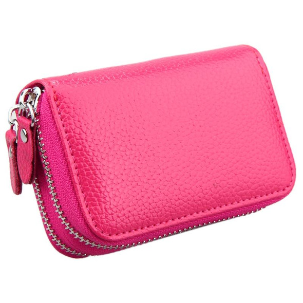 Genuine Cowhide Leather Dual Layer Solid Color Zipper Card Holder Wallet RFID Blocking Coin Purse Card Bag Protect Case with Card Slots & Coin Position, Size: 10.5*7.0*4.0cm(Magenta)