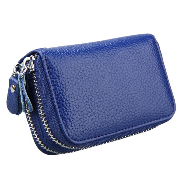 Genuine Cowhide Leather Dual Layer Solid Color Zipper Card Holder Wallet RFID Blocking Coin Purse Card Bag Protect Case with Card Slots & Coin Position, Size: 10.5*7.0*4.0cm(Blue)