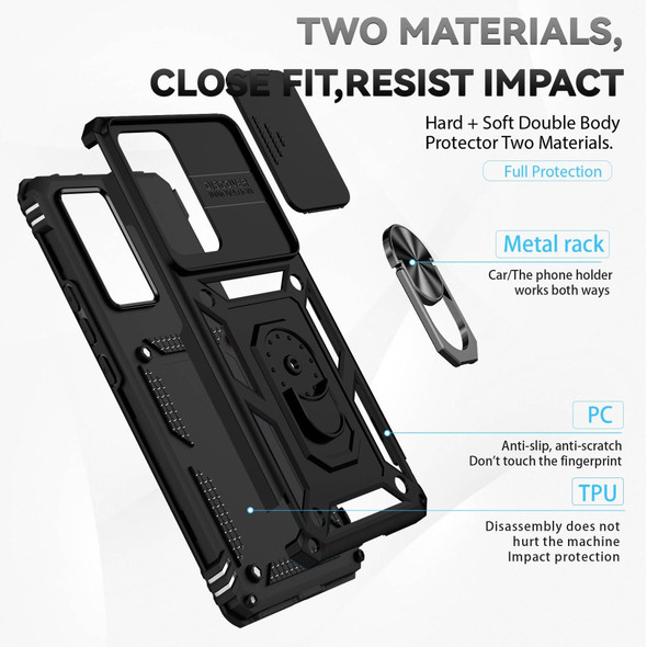 For Xiaomi 12X/12/12S 5G Ring Holder Kickstand Hybrid PC + TPU Shockproof Mobile Phone Protection Case Bag with Slide Camera Protection Shell - Black