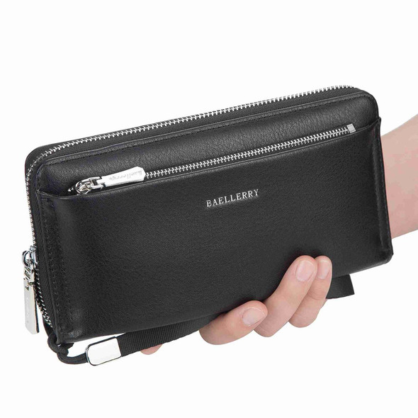 BAELLERRY S1081 PU Leather Men Clutch Bag Large Capacity Zipper Long Wallet with Wrist Strap - Black