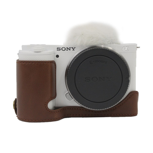 Camera Bottom Case Bag PU Leather Protective Half Body Cover with Battery Opening for Sony ZV-E10 - Coffee