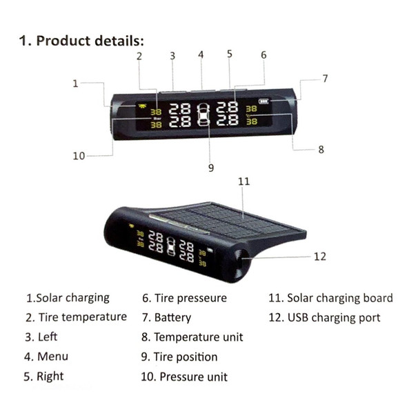 Solar TPMS Wireless Car Tire Pressure  Monitoring System with 4 External Sensors