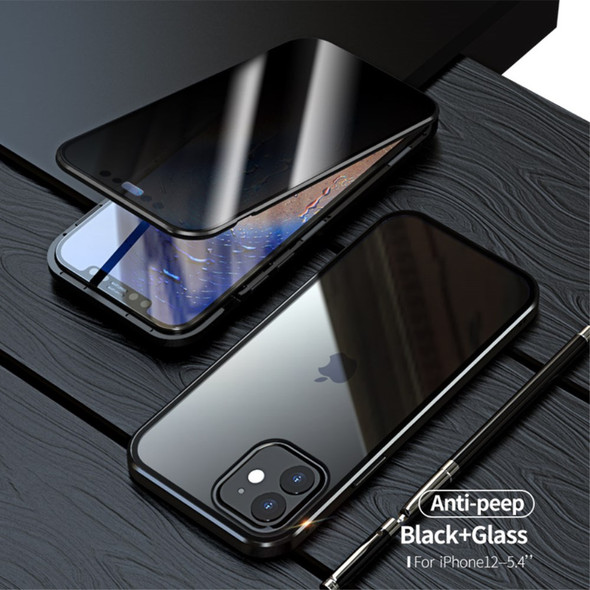 Magnetic Metal Frame + Double-sided Tempered Glass Case for iPhone 12 mini Anti-peep Shell - Black