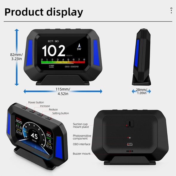 P21 3.5 inch HUD Head Up Display Multifunctional Car Meter Car Gauge Diagnostic Tool Slope Meter with Atmosphere Light Vehicle Car OBD2/GPS Dual System Declinometer Accessories