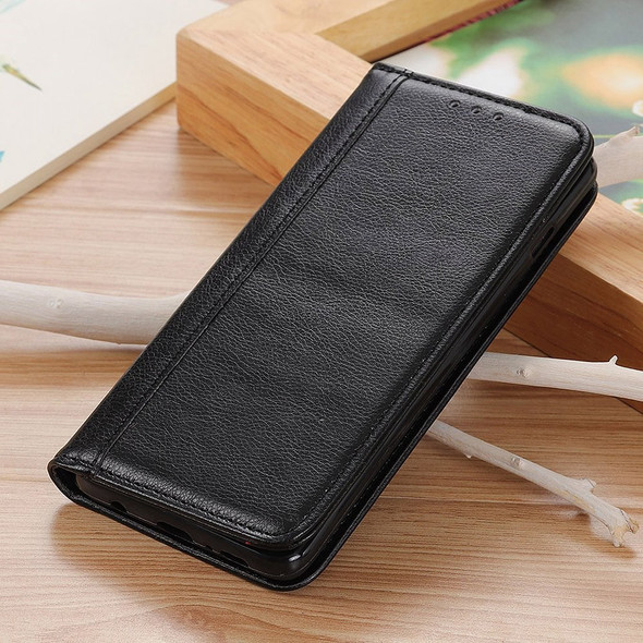 Anti-drop Litchi Texture Phone Case for Xiaomi Redmi Note 12 5G (Global) / (India) / (China) / Poco X5 5G Split Leather Stand Magnetic Absorption Cell Phone Cover with Wallet - Black