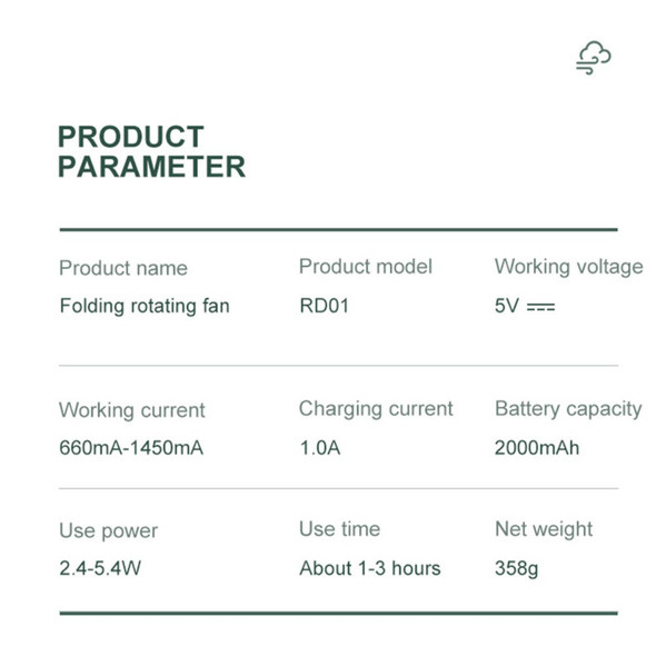 DR01 Clip-on Folding Rotating Fan USB Rechargeable Desktop Fan - Green