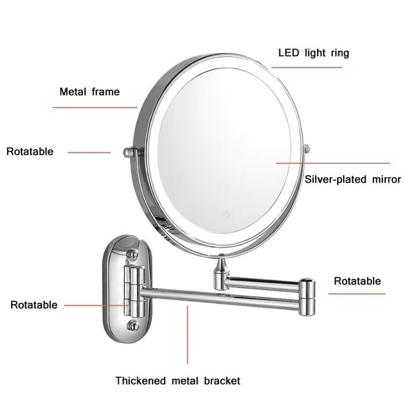 8 Inch Wall-Mounted Double-Sided Makeup Mirror LED Three-Tone Light Bathroom Mirror, Colour:Battery Models Black(Seven Times Magnification)