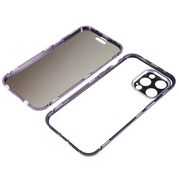 For iPhone 14 Pro Max Anti-Peep Safety Buckle Phone Cover Matte Back Double Sides Tempered Glass Magnetic Adsorption Metal Bumper Frame Straight Edge Case - Purple