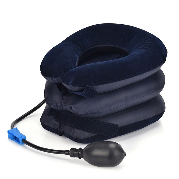 Neck Massager Corrector Collar Relief Air Inflatable Cervical Vertebra Therapy Traction 3 Layers Soft Brace Pain Relief Pillow - Dark Blue