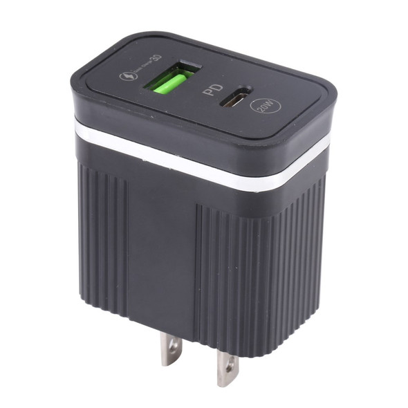 46-A2C2 20W PD + QC3.0 USB Fast Charger Type-C / USB-A Dual Port Power Adapter - US Plug / Black