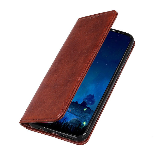 For iPhone 14 Plus 6.7 inch Magnetic Phone Case PU Leather Crazy Horse Texture Flip Cover Inner TPU Protection Auto-absorbed Foldable Stand Wallet Covering Shell - Brown