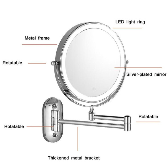 8 Inch Wall-Mounted Double-Sided Makeup Mirror LED Three-Tone Light Bathroom Mirror, Colour: USB Charging Black(Triple Magnification)