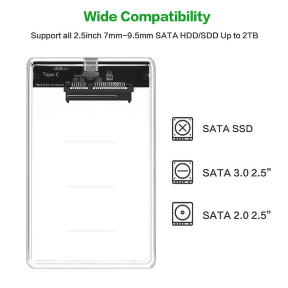 USB-C Type-C to 2.5 Inch SATA SSD HDD External Enclosure Transparent for Laptop & PC