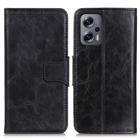 For Xiaomi Redmi Note 11T Pro 5G / Note 11T Pro+ 5G / Note 12T Pro 5G / Poco X4 GT 5G / Redmi K50i 5G PU Leather Folio Flip Phone Cover Crazy Horse Texture Magnetic Clasp Stand Shockproof Wallet Case - Black