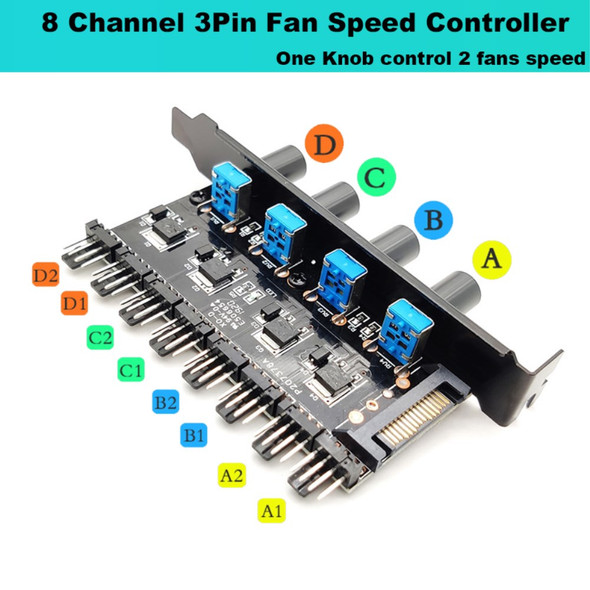 4Pin 3Pin 8 Way 4 Knob PC Case Cooling Fan Hub Speed Controller Regulator Splitter Computer Adapter (SATA 15-pin Power Supply)