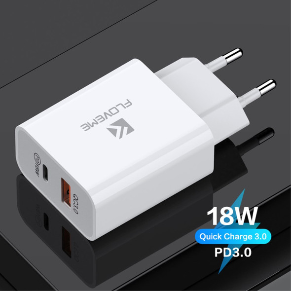 FLOVEME YXF200277 PD 18W + QC 3.0 Dual USB Mobile Phone Wall Travel Fast Charger - EU Plug