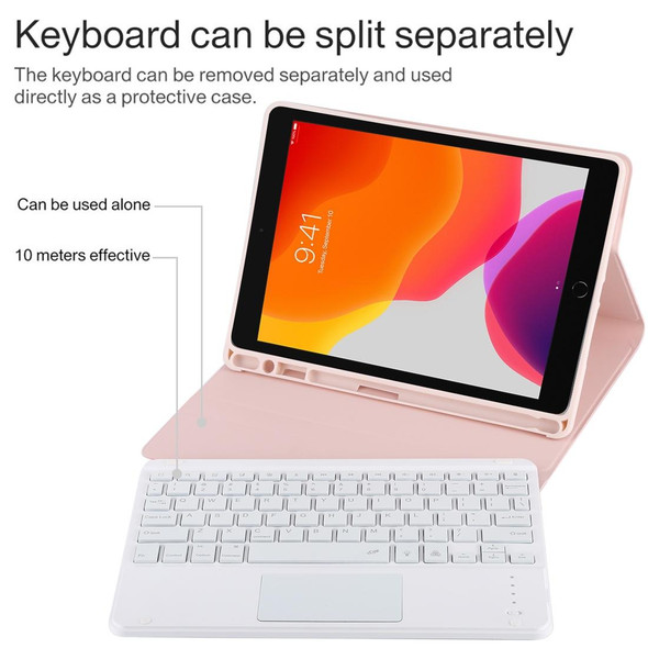 TG-102BCS Detachable Bluetooth White Keyboard + Microfiber Leather Tablet Case for iPad 10.2 inch / iPad Air (2019), with Touch Pad & Backlight & Pen Slot & Holder (Pink)