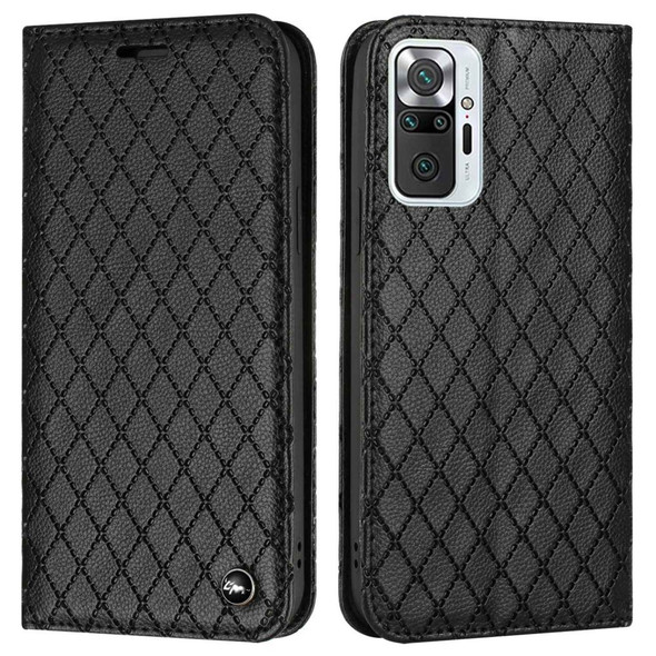 For Xiaomi Redmi Note 10 Pro 4G (Global) / (India) / Redmi Note 10 Pro Max 4G Anti-fall Flip Case Rhombus Pattern Litchi Texture Magnetic PU Leather Wallet Cover - Black