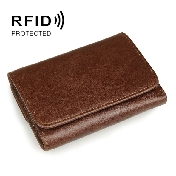 Men Casual Retro RFID Blocking Anti-Scanning Cowhide Leather Short Wallet(Coffee)