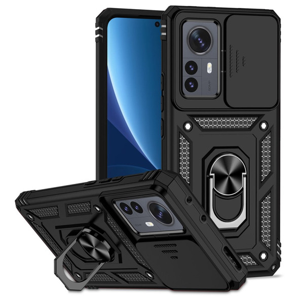 For Xiaomi 12 Pro 5G/12S Pro 5G/12 Pro (Dimensity) 5G Shockproof Phone Protection Case Ring Kickstand Hybrid PC + TPU Shell with Slide Camera Protection Cover - Black