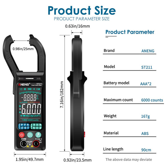 ANENG ST211 Big Color Screen Digital Clamp Meter Multimeter 6000 Counts AC DC Voltage Current Tester - Black